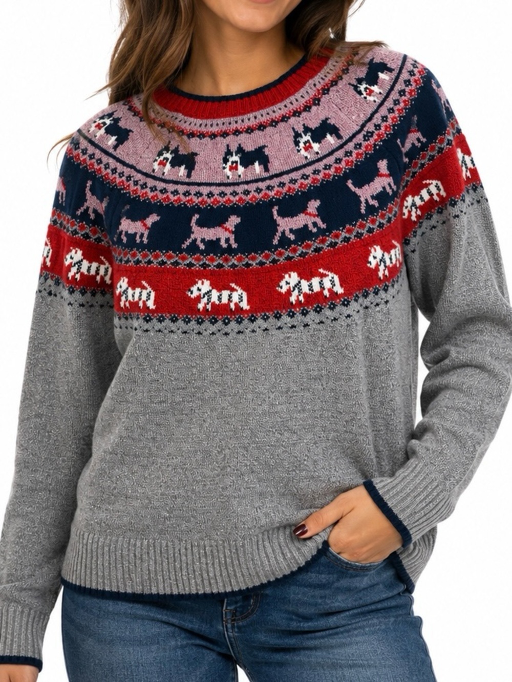 Cozy Grey Fair Isle Dog Pattern Sweater - Women